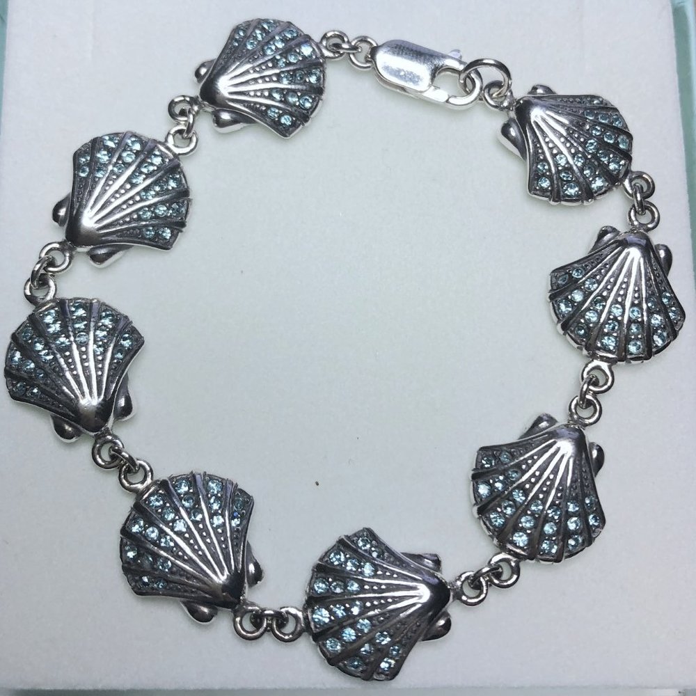 Sterling Silver Scallop Shell Bracelet with Faceted Aqua Crystals